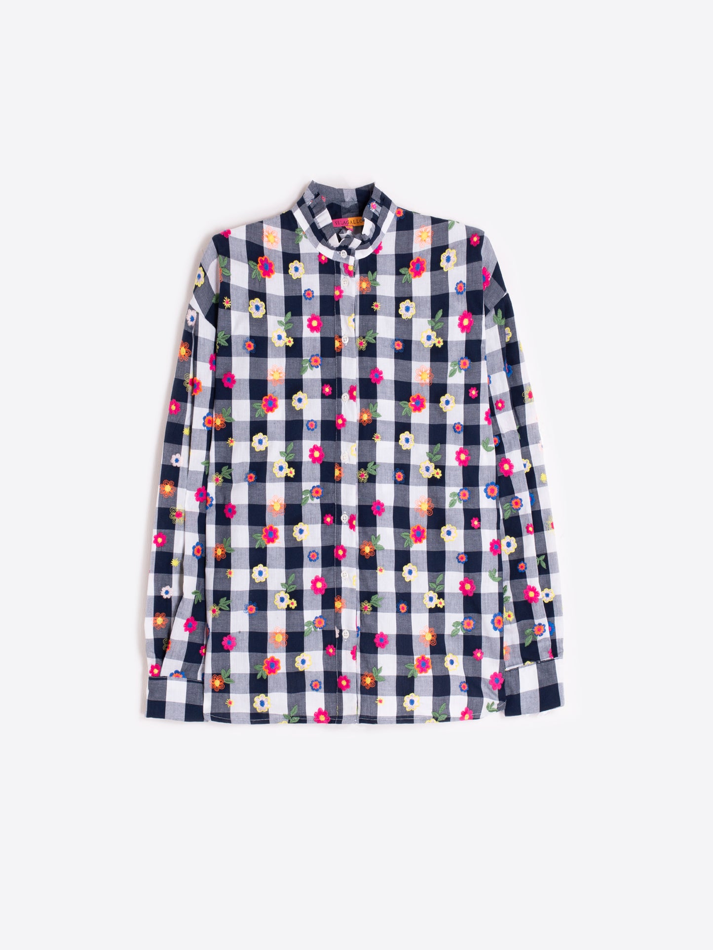 Button Shirt Plaid Embroidered