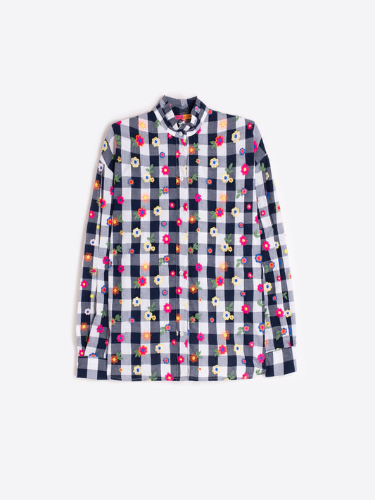 Button Shirt Plaid Embroidered